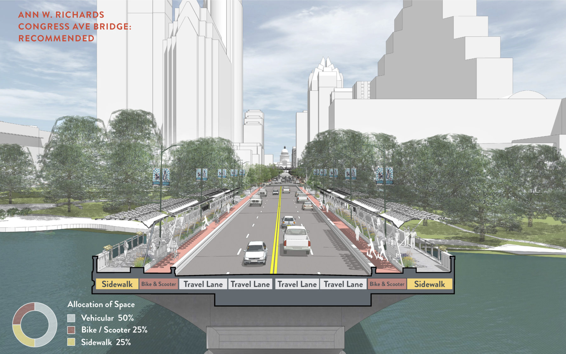 section perspective drawing cut through the middle of the street. the lanes are labeled with their use. Image title reads 