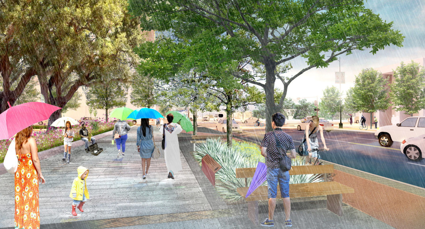 Rendering of proposed street design during a rainstorm. In the foreground a woman in an orange jumpsuit and red umbrella looks at a child in a yellow rain jacket playing in the rain. A woman rides a bike in the designated lane on the right side.