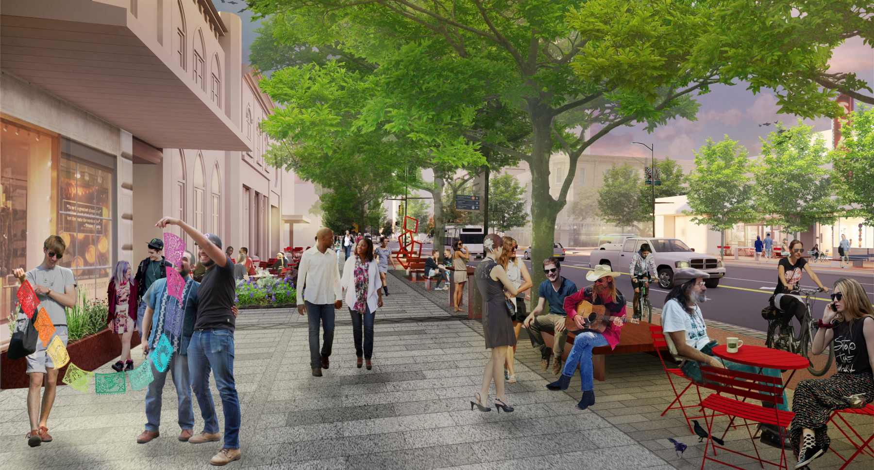 Rendering of proposed street design intervention. On the right people sit at red cafe tables. On the left a group holds a rainbow banner.