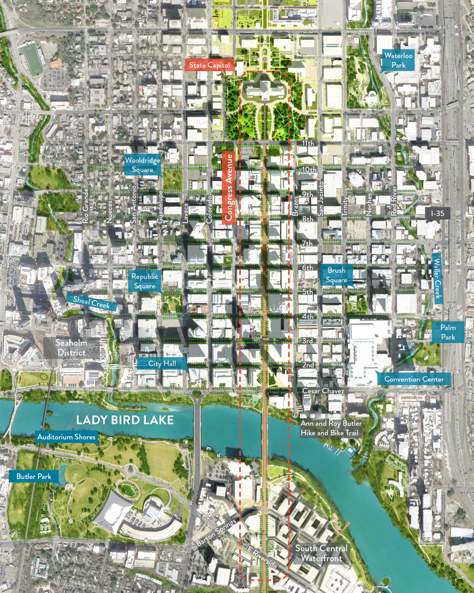 Illustrated plan drawing with callouts for key destinations in the area. The project site area is outlined with a red dashed line.