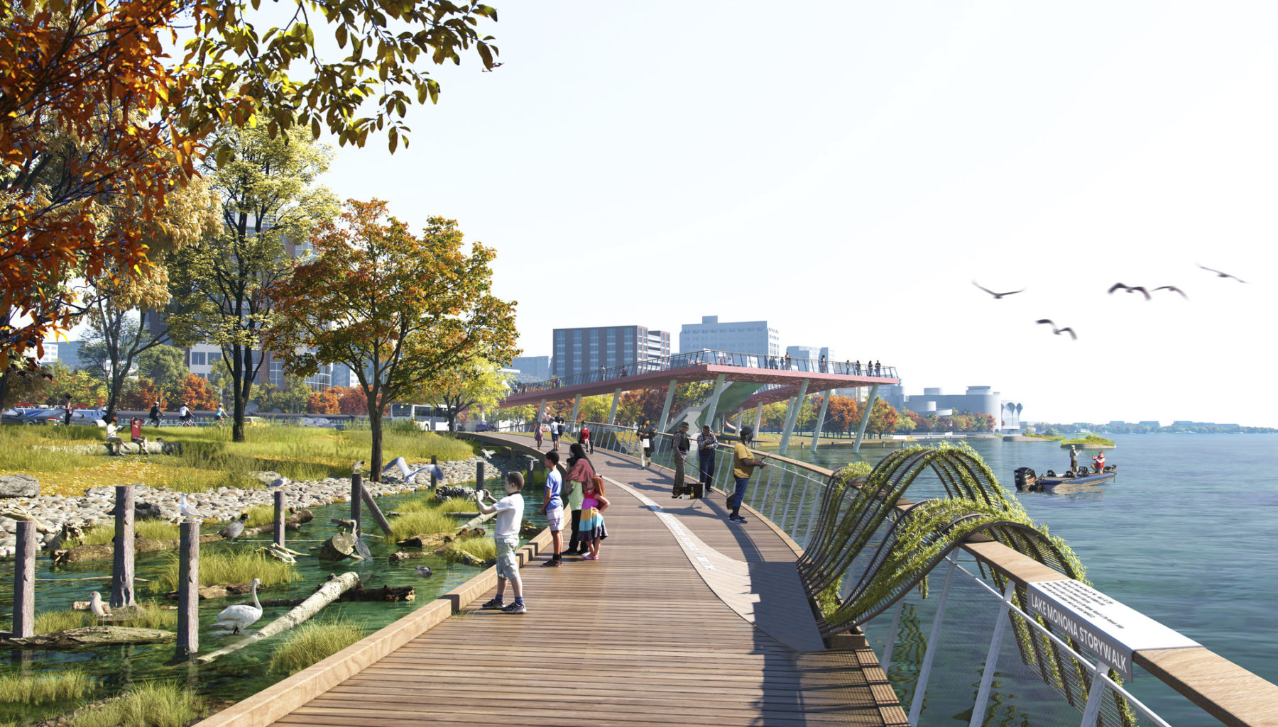 A rendering of the Lake Lounge, showing families observing nature in the living edge wetlands