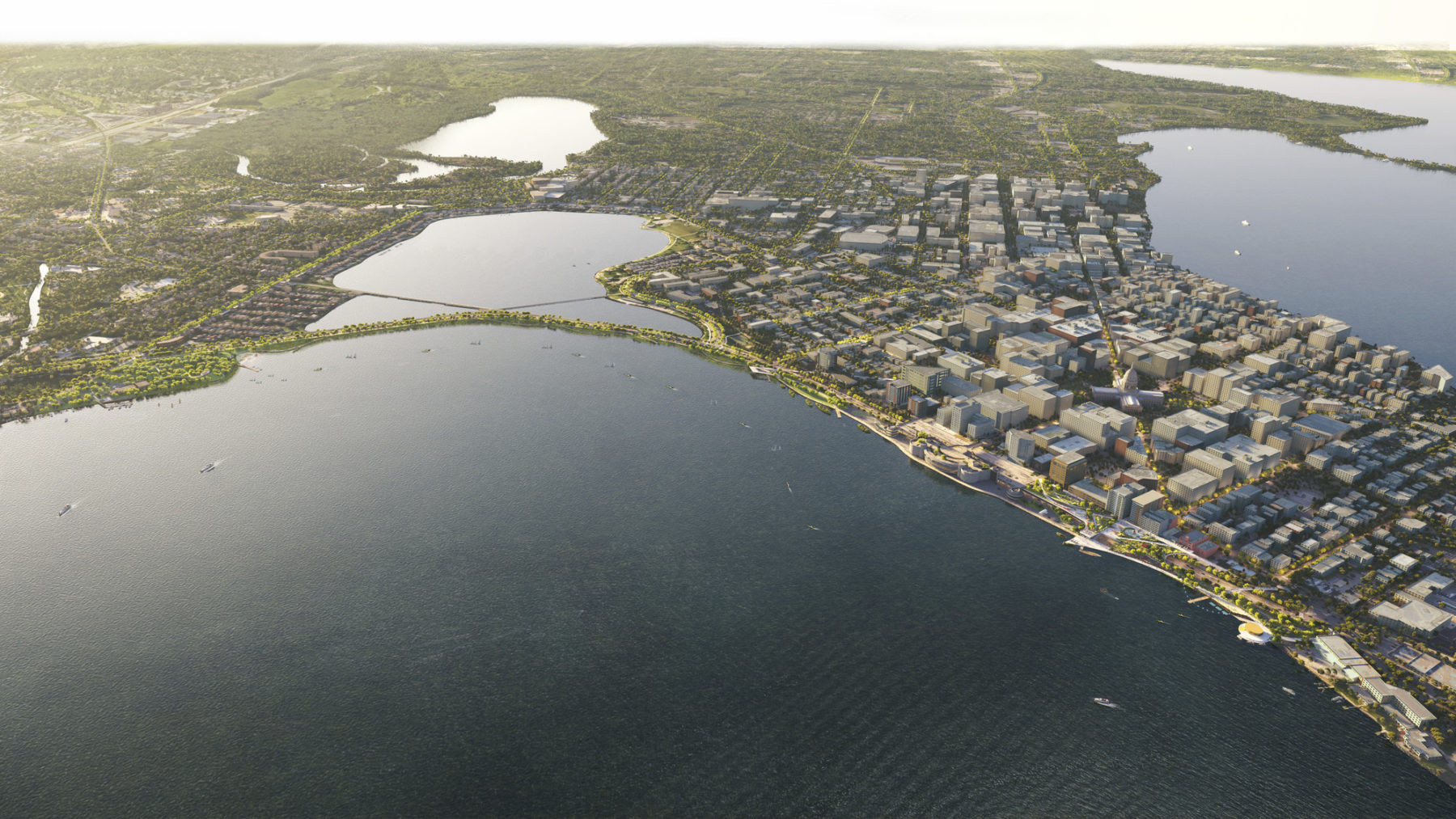 An aerial view of Lake Monona's waterfront