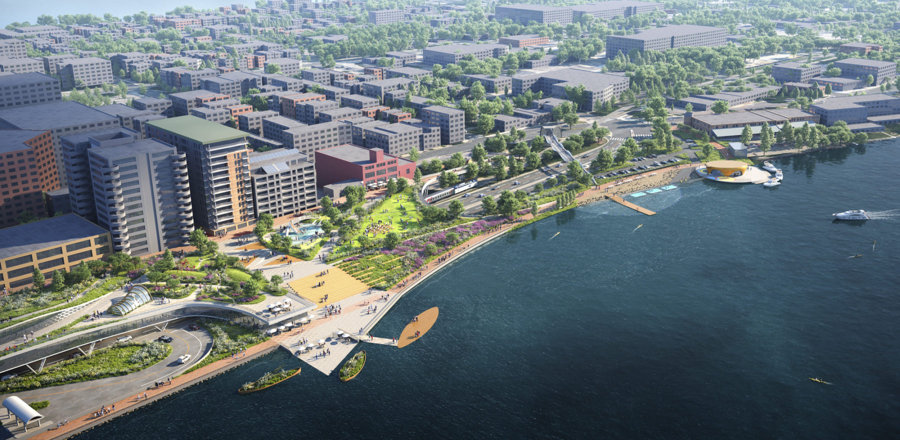 A bird's eye view rendering of Law Park Ledge, an elevated park on the shore of Lake Monona