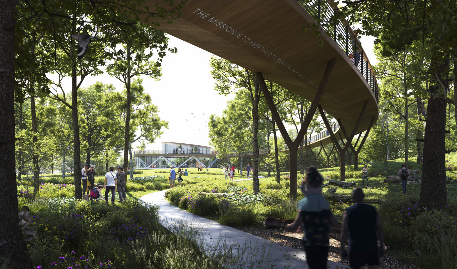 A rendering of Olin Overlook, with visitors walking through lush plantings under a canopy walk