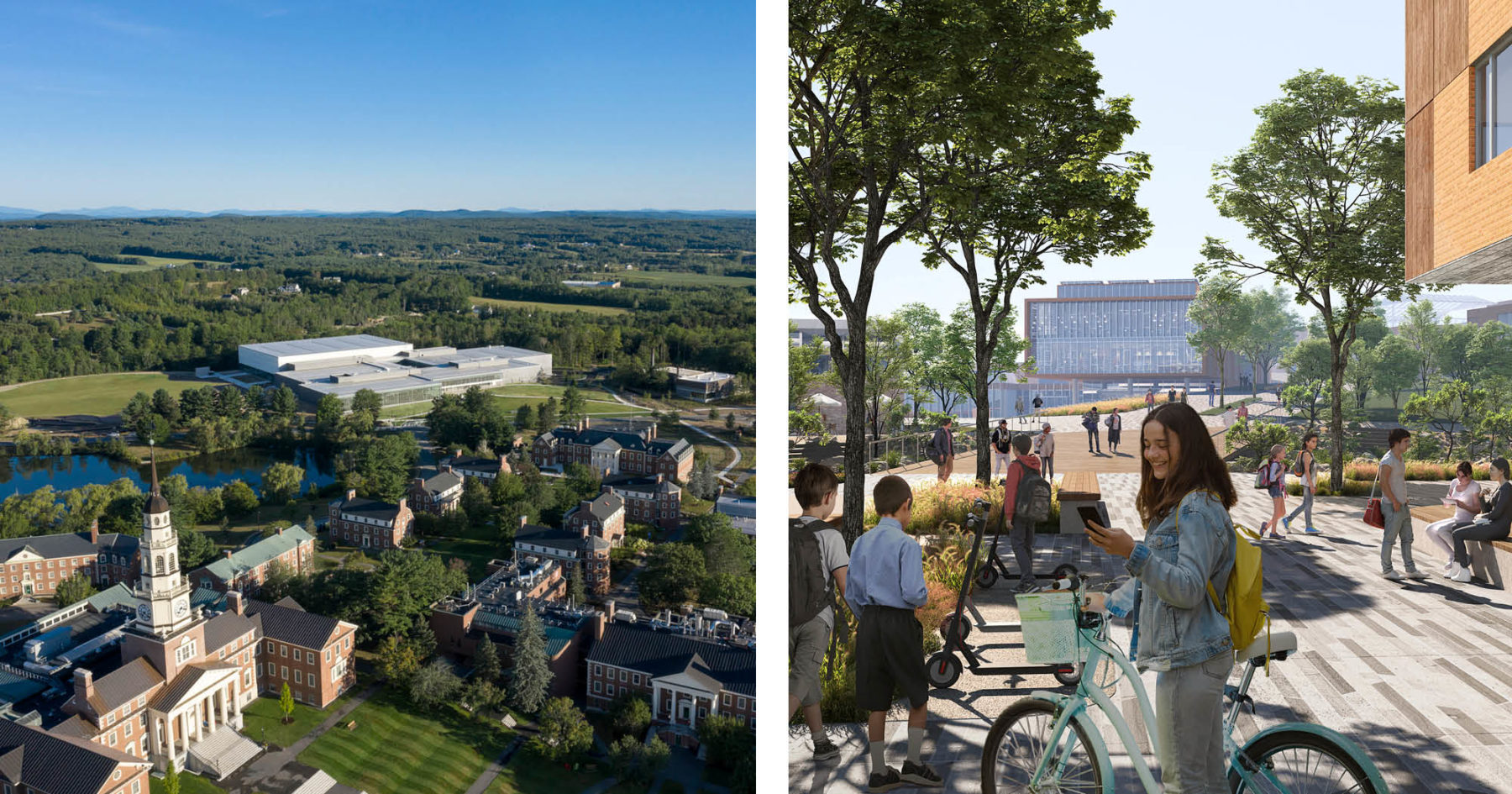 Image on the left is an aerial view of the new Colby College Harold Alfond Athletics and Recreation Center; image on the right is a rendering showing a student on her bike surrounded by other people going to and from class on campus