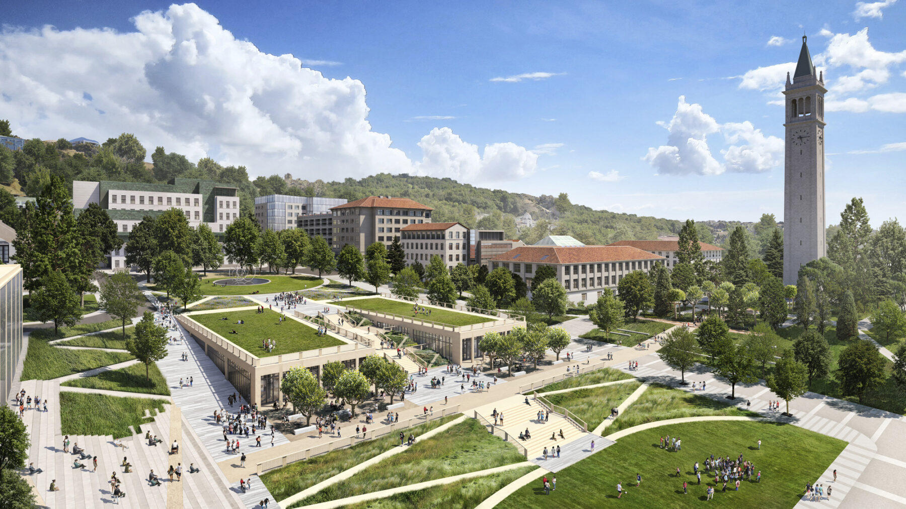 Rendered image of a lively plaza and sloping lawn with terraced searing