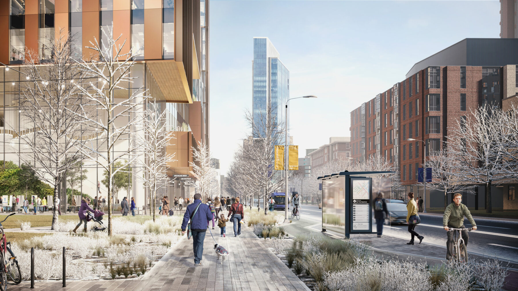 A perspective rendering from the sidewalk along the plan's park space shows a view down Brookline Ave in the winter, with the proposed buildings rising to the left, and a new bus stop shelter and bike lane along the street to the right.