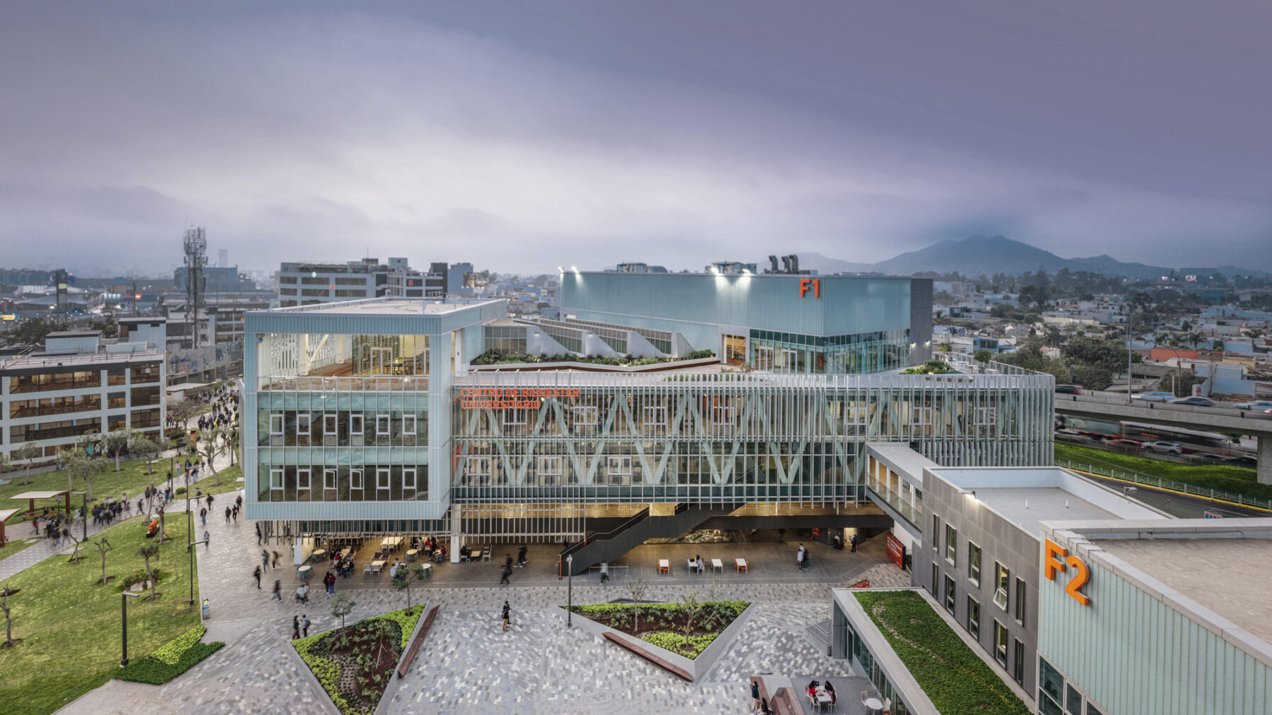 Aerial view of Recreation building facade and exterior courtyard