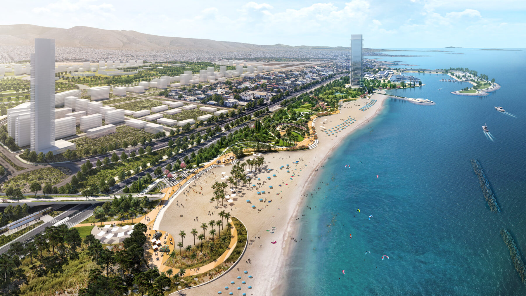 Aerial view of the coastal park along the waterfront