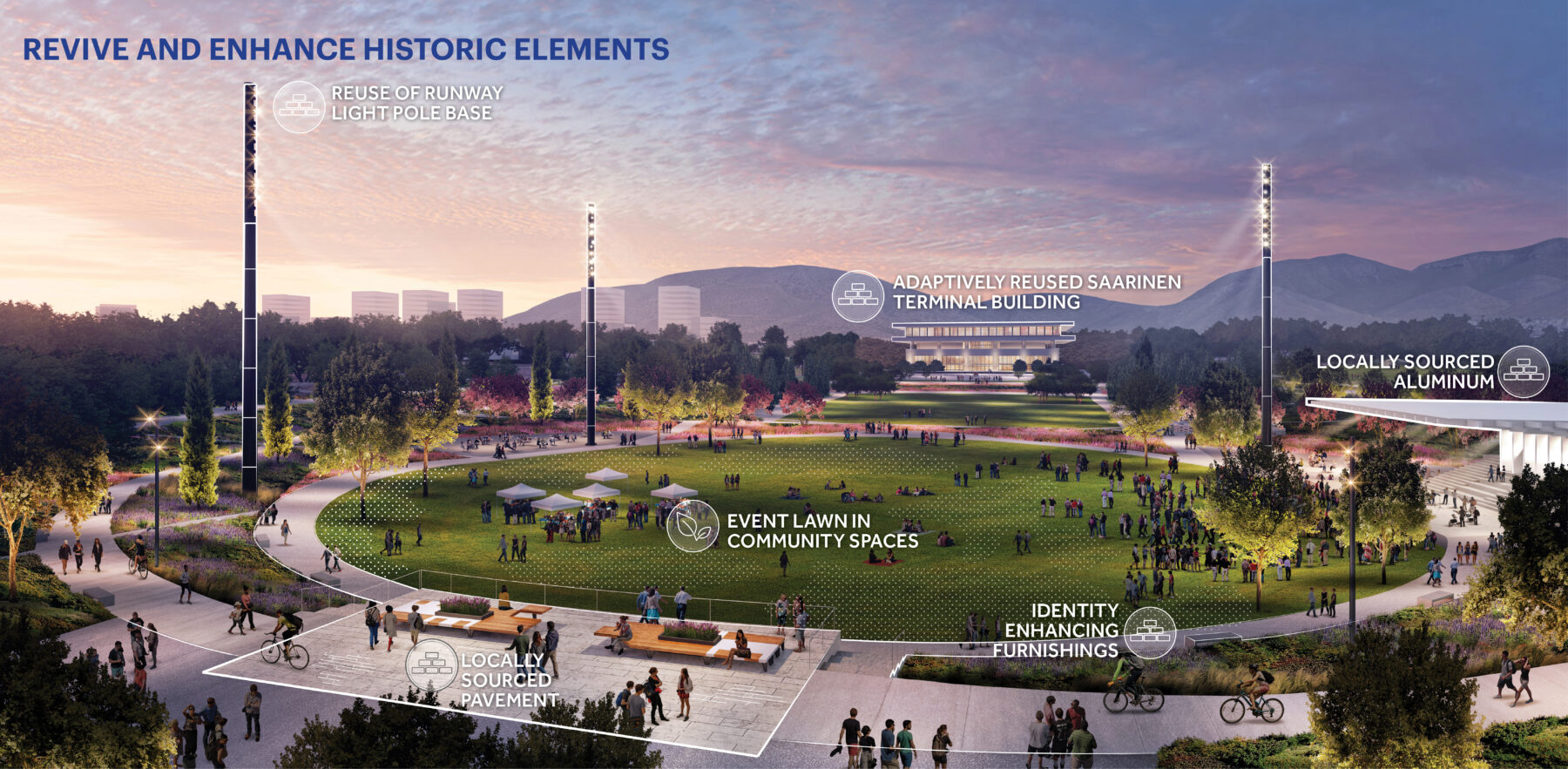 Rendering of park showing the rivived and enhanced historic elements