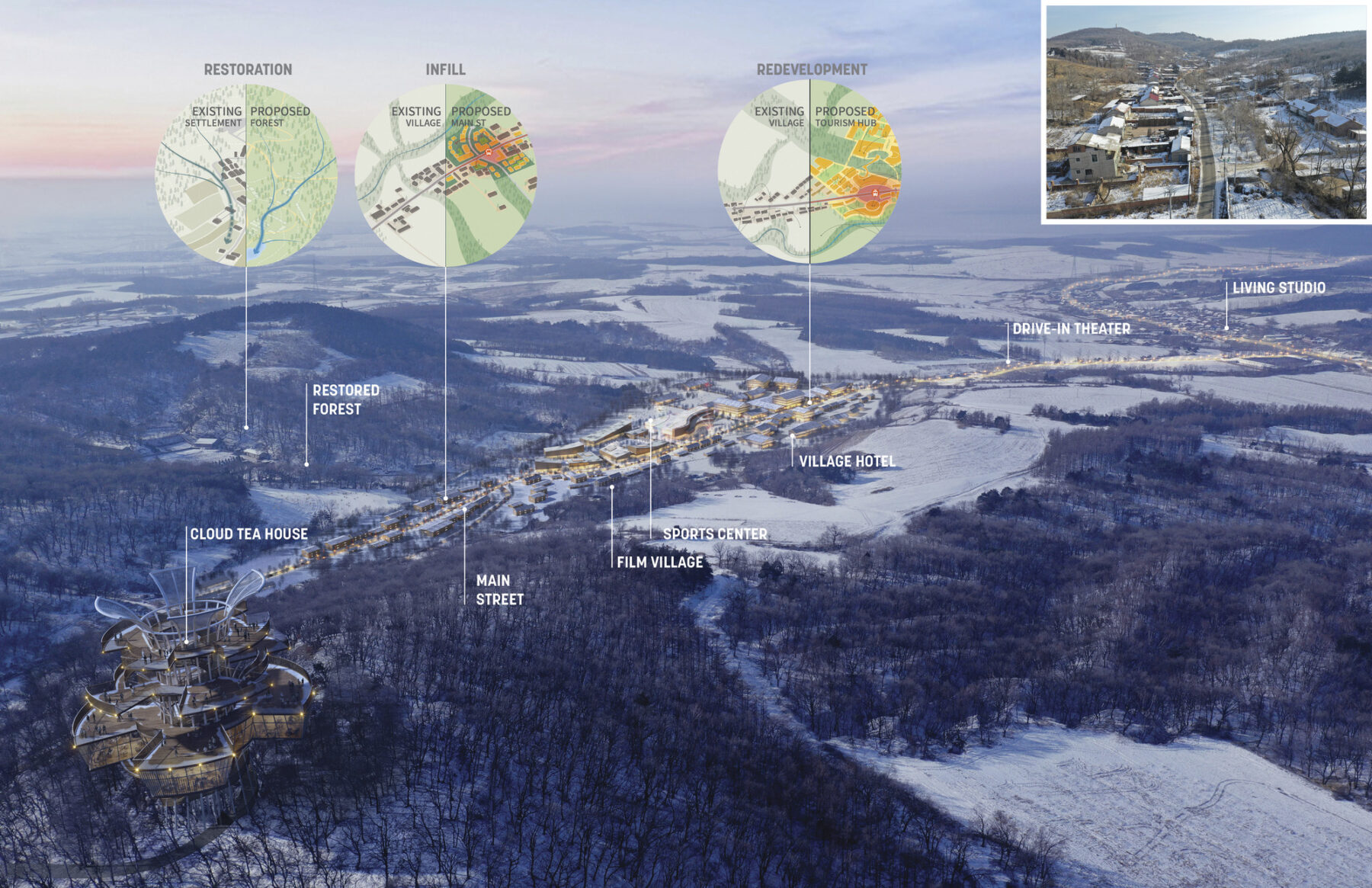 Diagram and renderings of large-scale park master plan in China