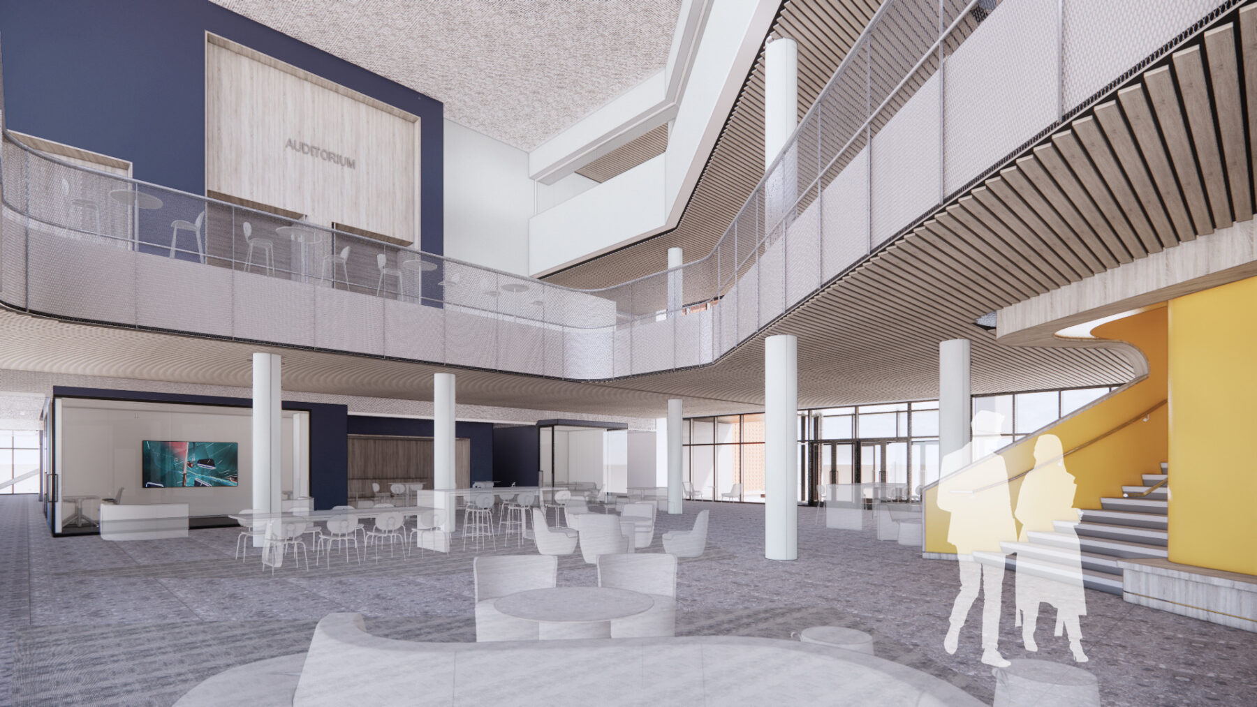Interior rendering showing large common space on ground floor and other levels that look down into the space