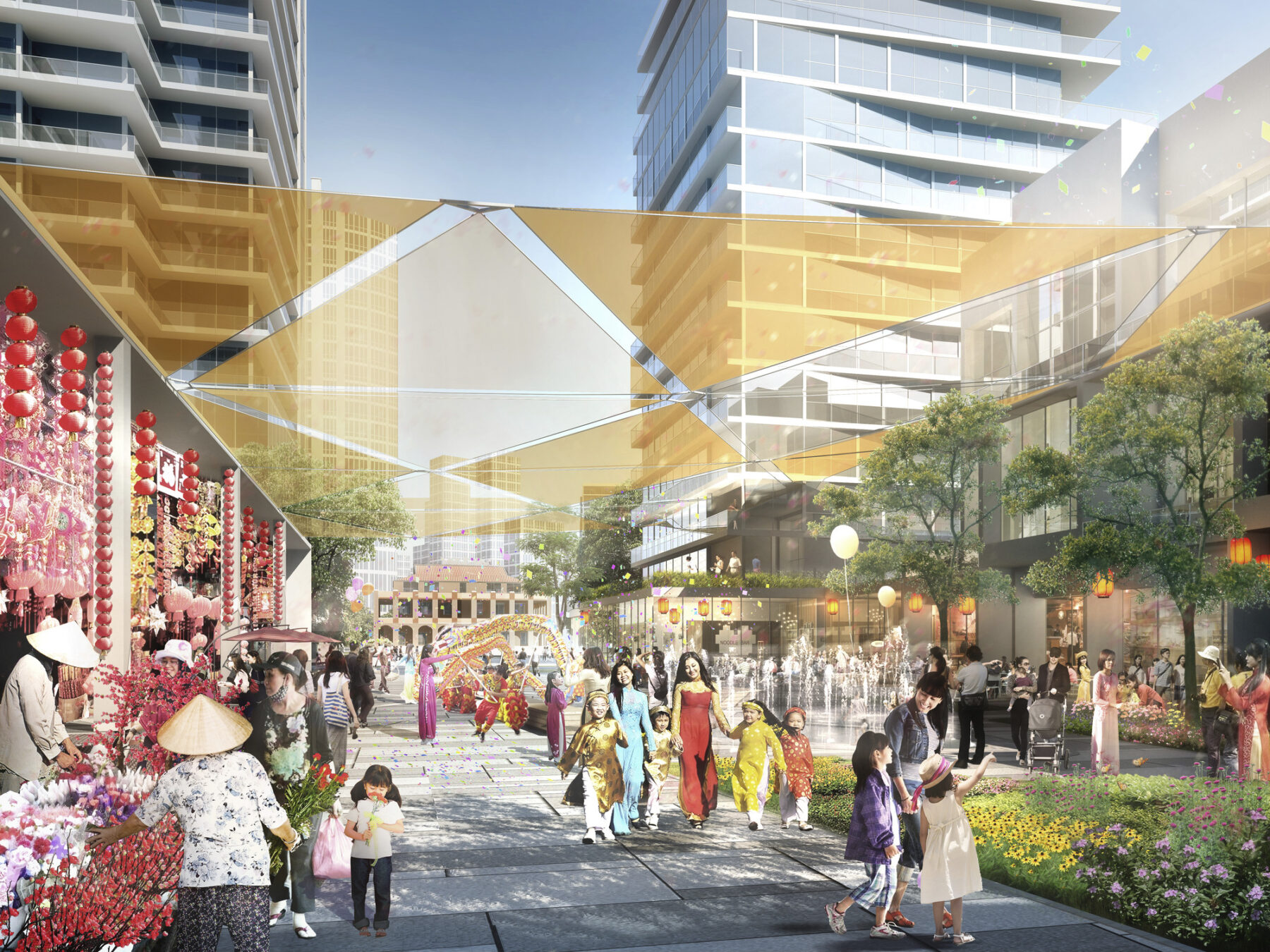 perspective rendering of Saigon Riverfront featuring people walking through commercial area