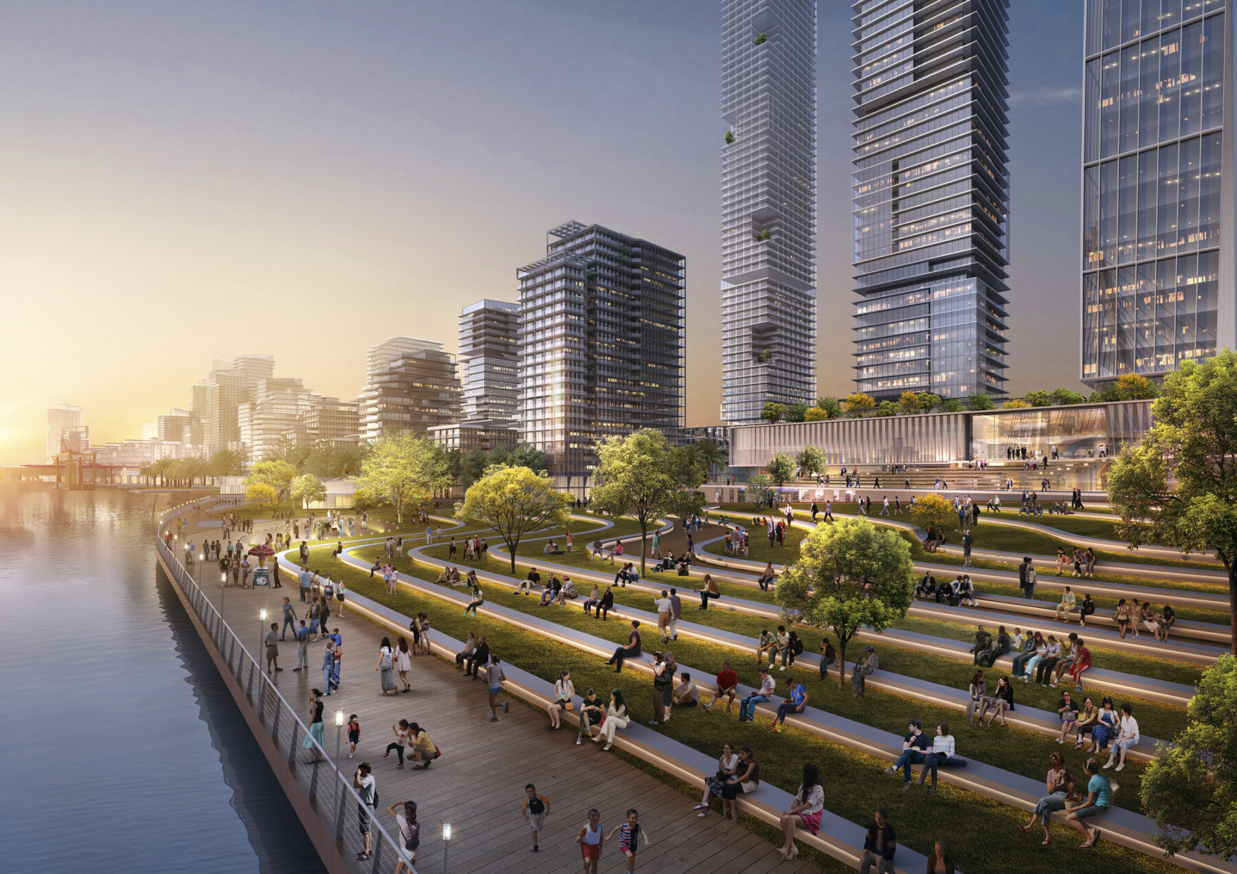 perspective rendering of Saigon Riverfront featuring amphitheater style seating along the waterfront