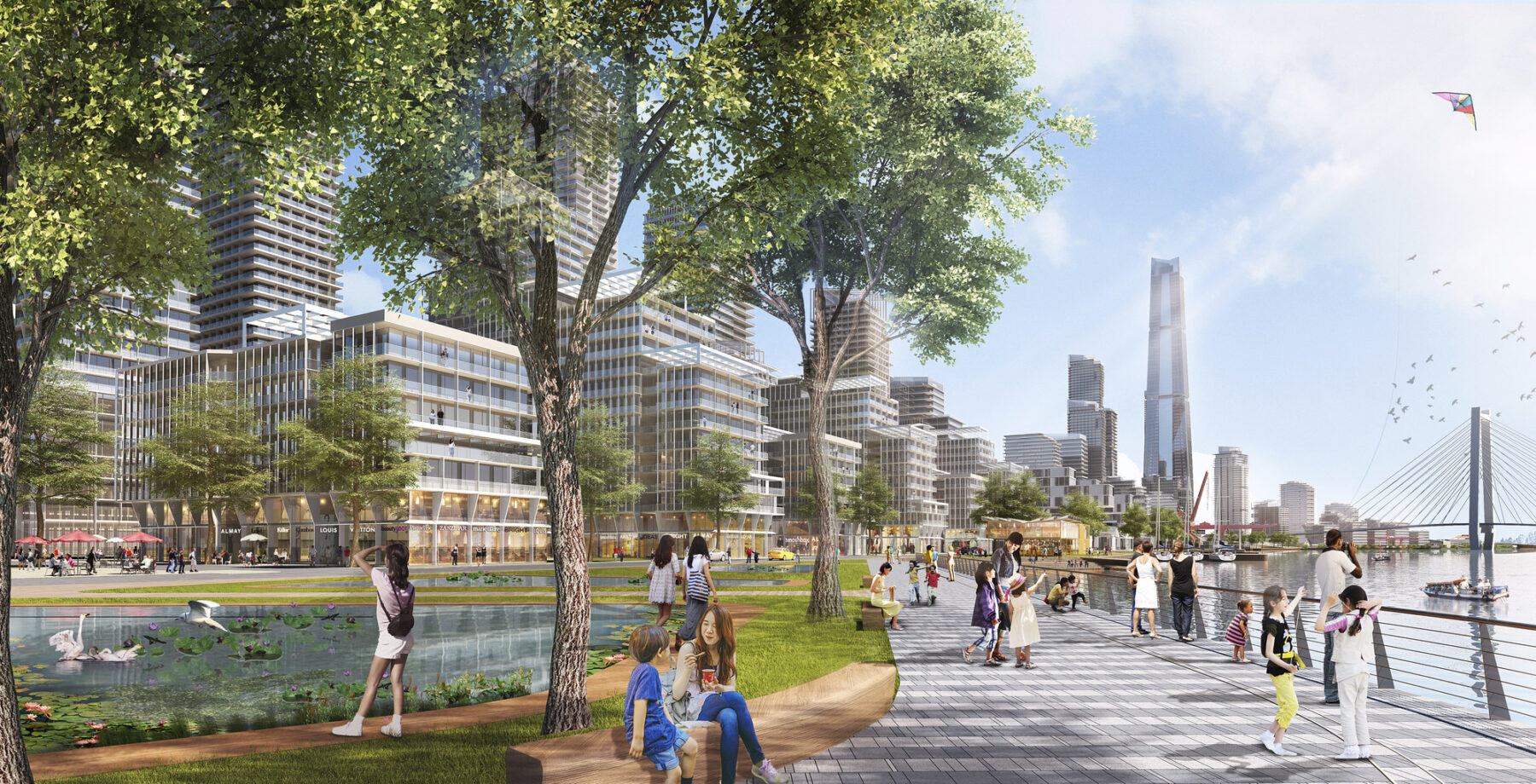 perspective rendering of Saigon Riverfront featuring people walking along path through park