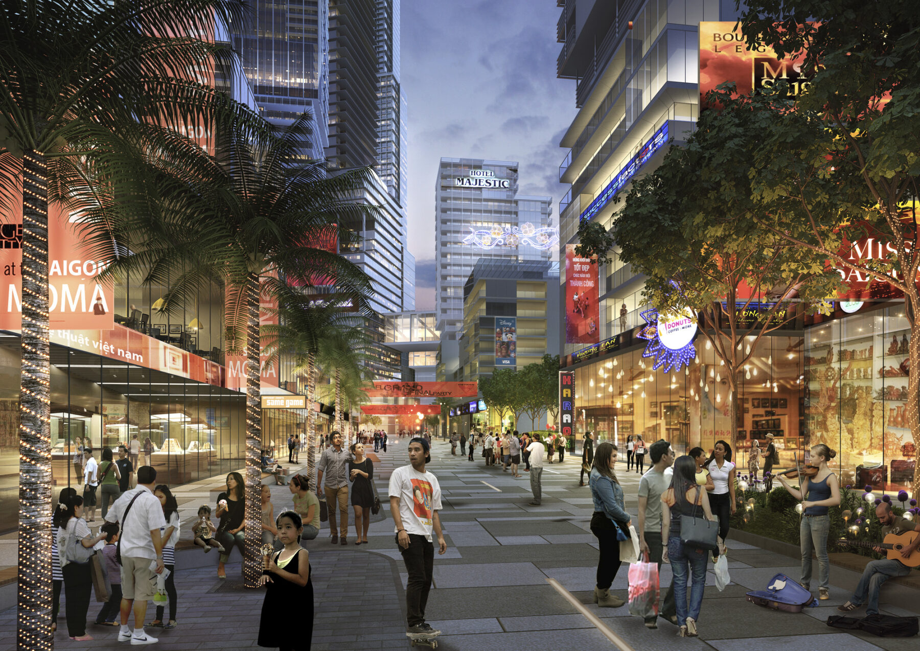 perspective rendering of Saigon Riverfront featuring people walking through commercial area