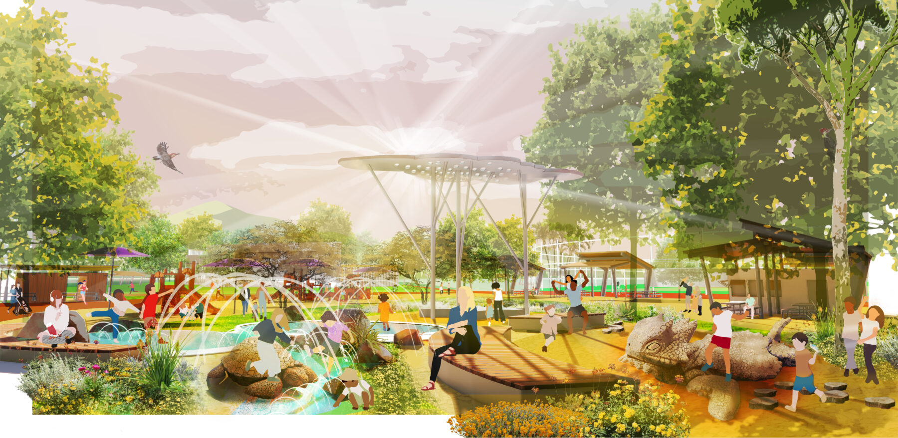 Illustration of new expanded central playground with local flora and fauna, water features and tree canopy