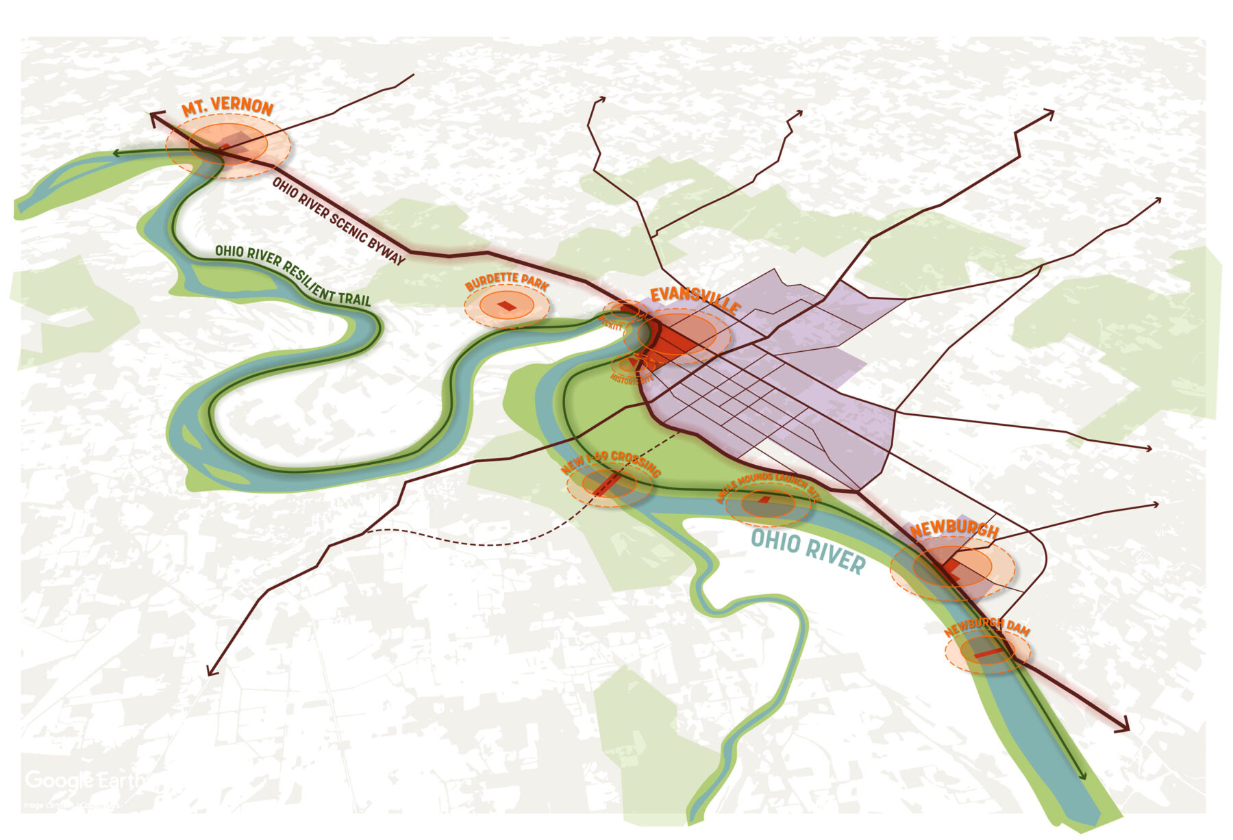 Diagram of southwest Indiana and the key features along the Ohio River. Evansville sits at the center.