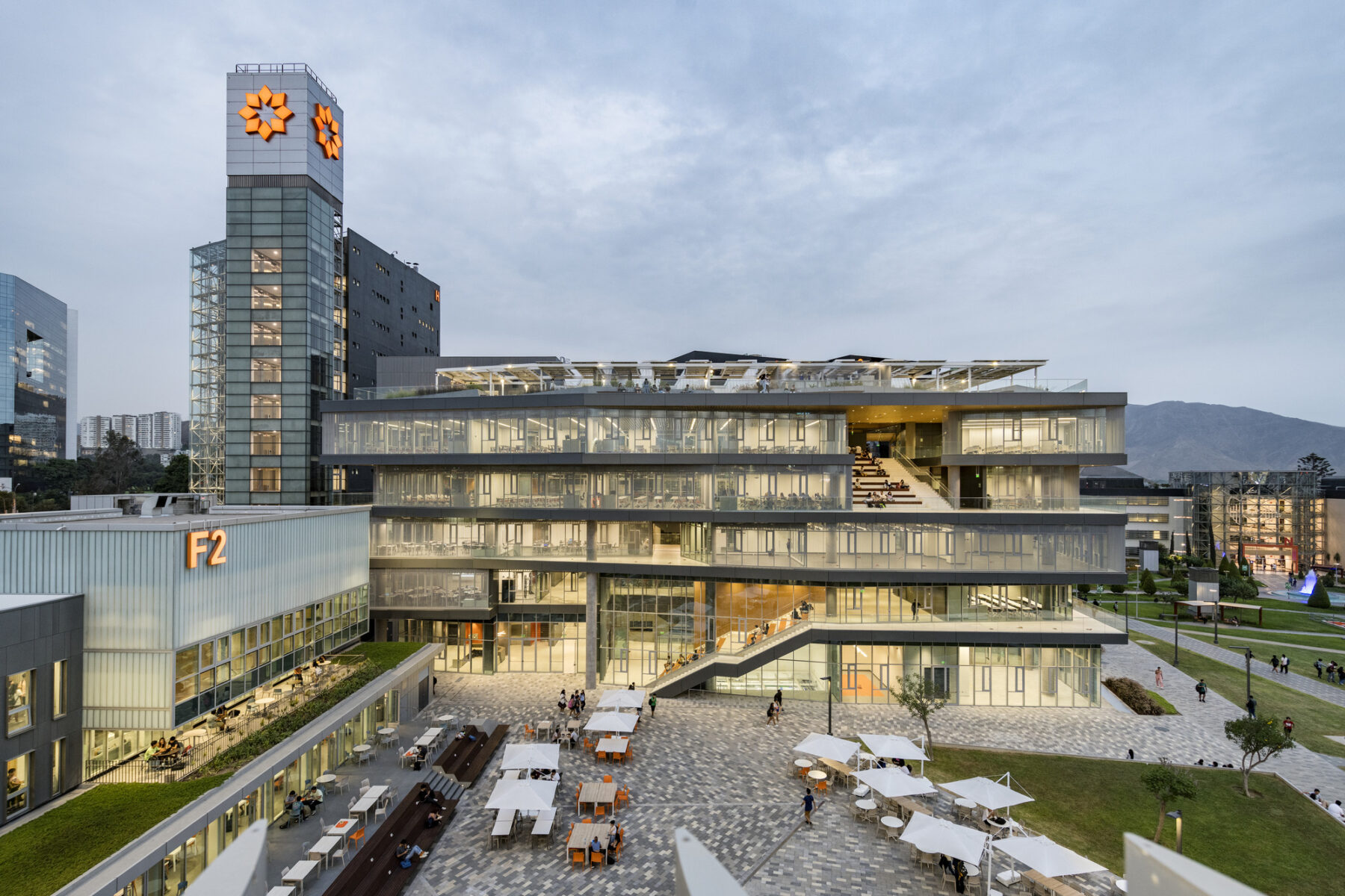 Photograph of Engineering Innovation Center as seen from Recreation Center terrace