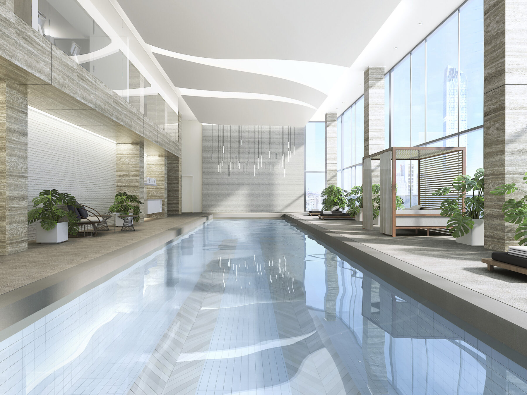 Digital rendering of indoor lap pool with floor to ceiling windows and lounge chairs