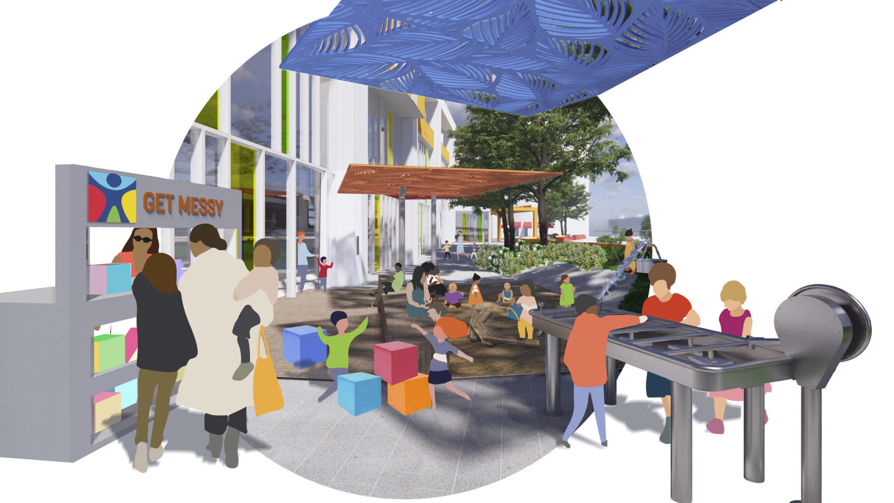 rendering of the messy play area and atrium connection