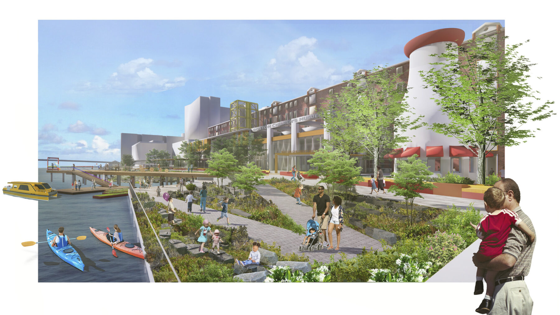 rendering of waterfront master plan with children walking along boardwalk, boats in the water, and native vegetation