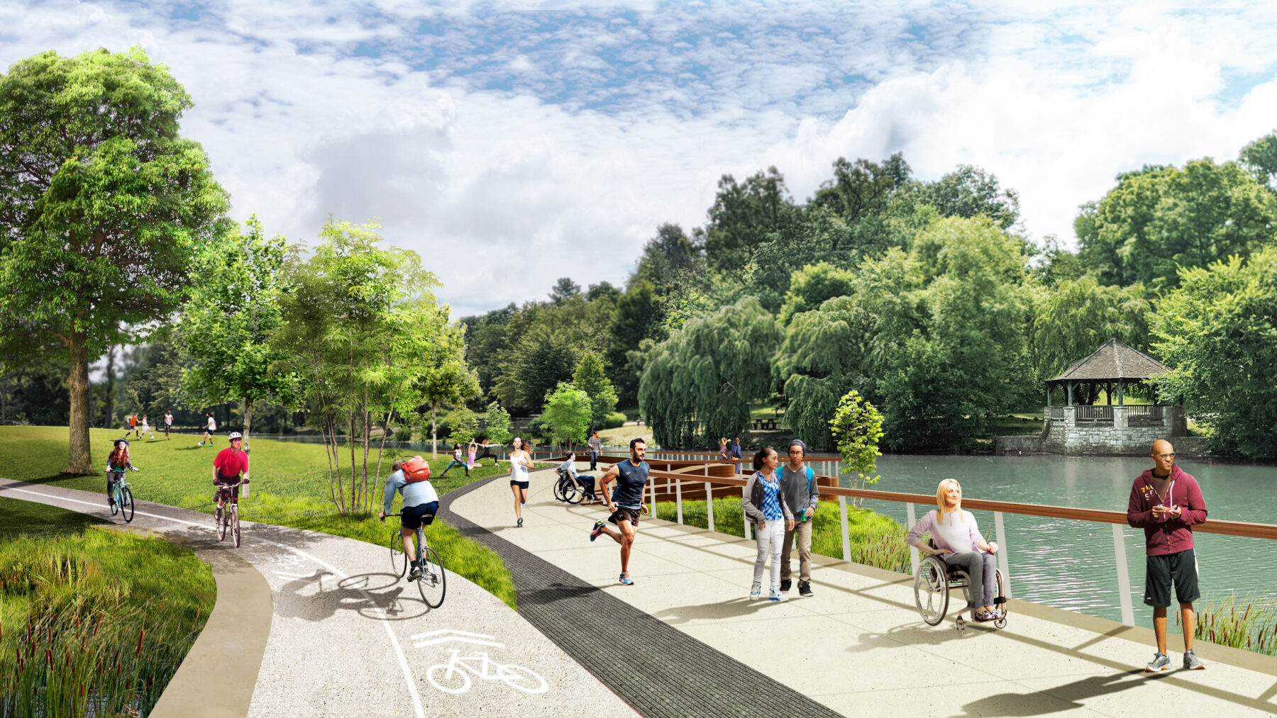 rendering of people biking, jogging, using a wheelchair, and strolling along a new pathway