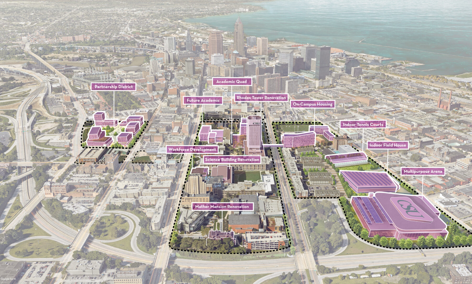 Future campus vision diagram looking west, showing the physical context in Downtown Cleveland