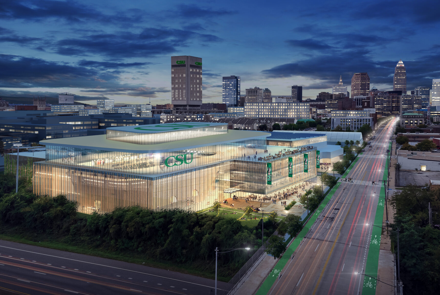 Rendered image showing nighttime aerial view of the new arena within the Residential and Athletics district