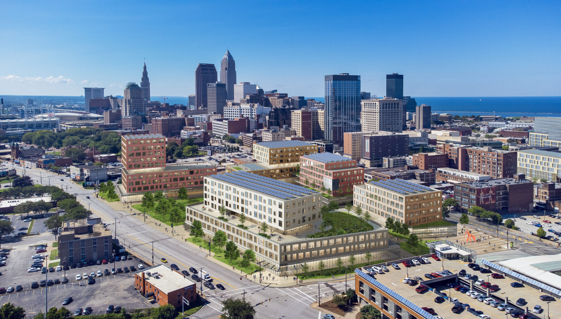 Aerial photo of the Partnership District with rendering of new buildings overlaid on top