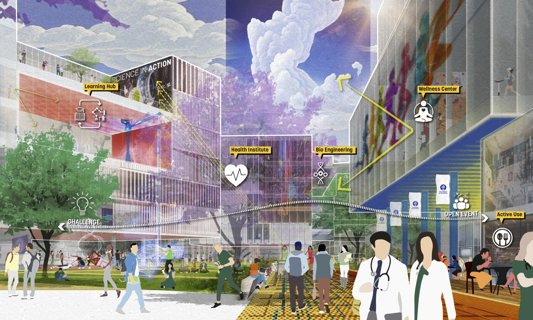 rendering of students walking across campus corridor