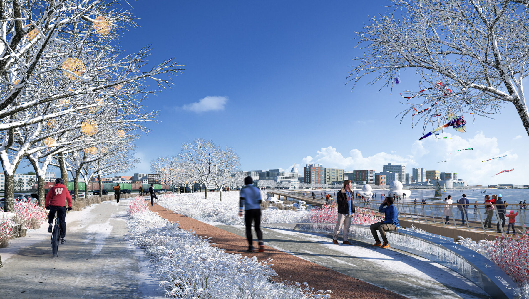 rendering of pedestrians walking on snowy paths along Lake Monona waterfront during winter months with city skyline in background