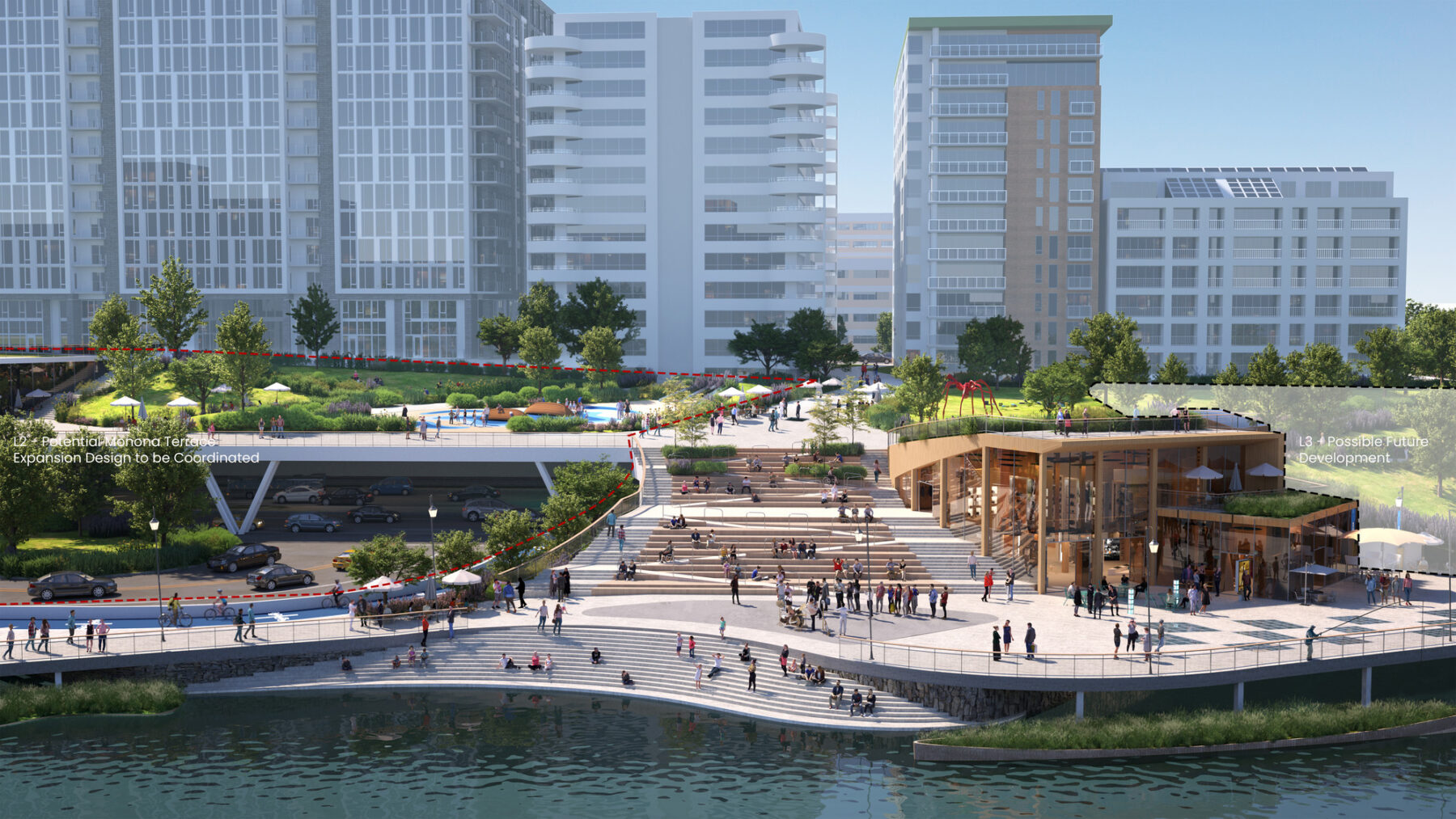 rendering of waterfront dock with amphitheater style seating and city in background