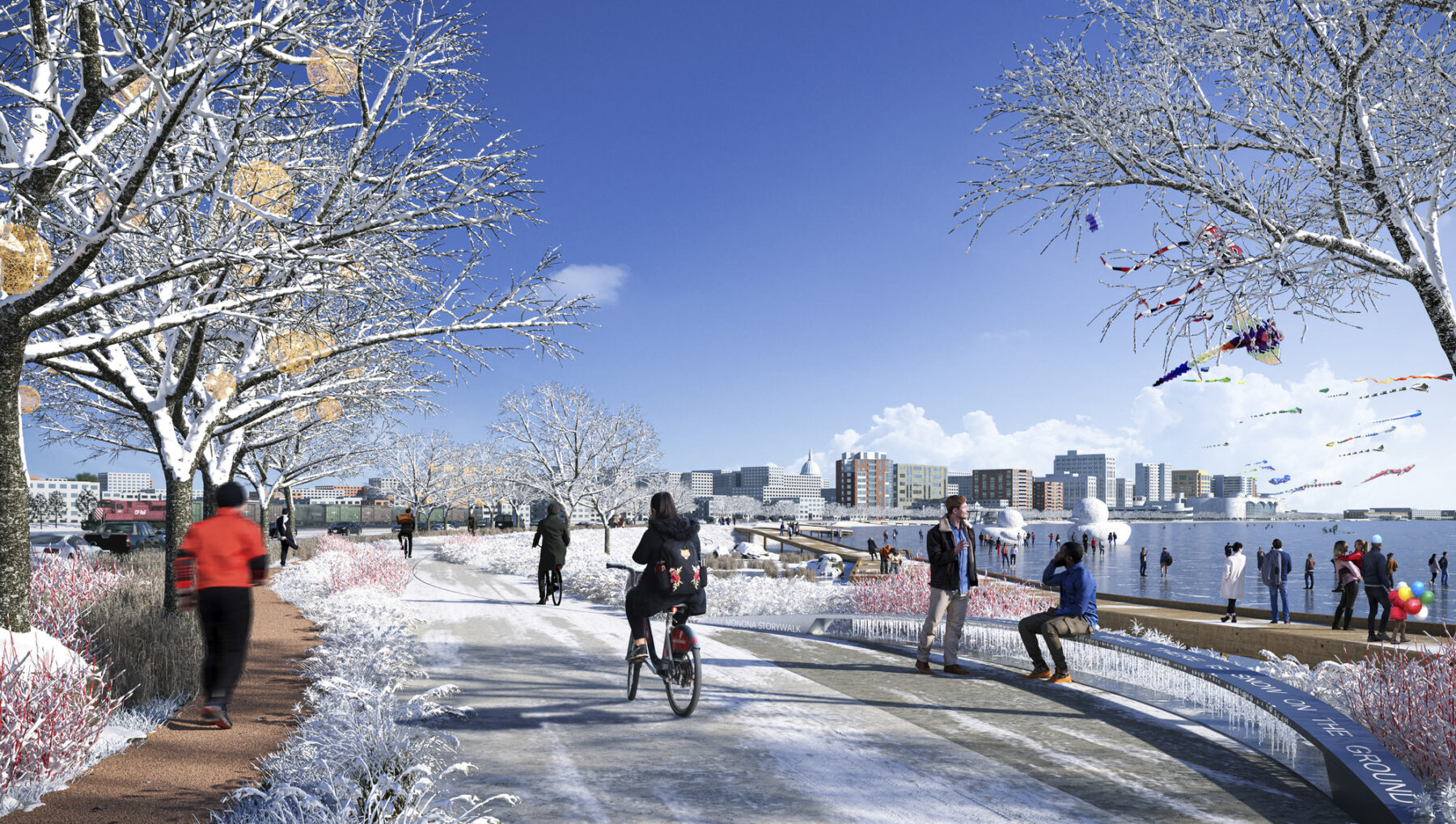 rendering of pedestrians and cyclists enjoying the accessible paths along the riverfront park