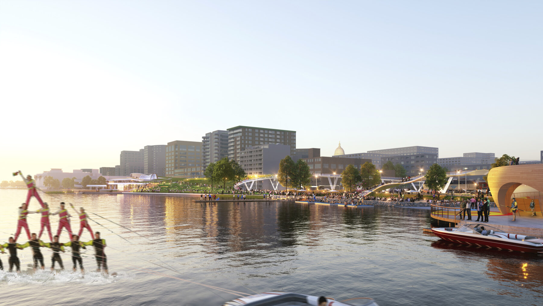 rendering of water ski performance and various programming taking place on lake