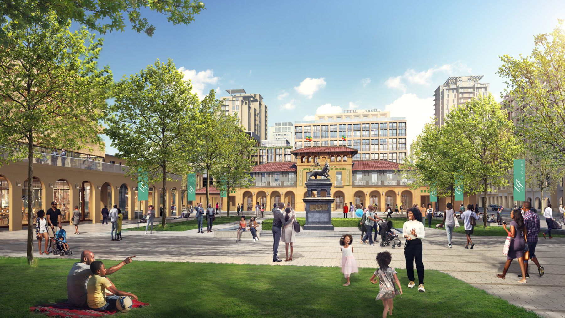 rendering of people inhabiting the courtyard space at La Gare Station