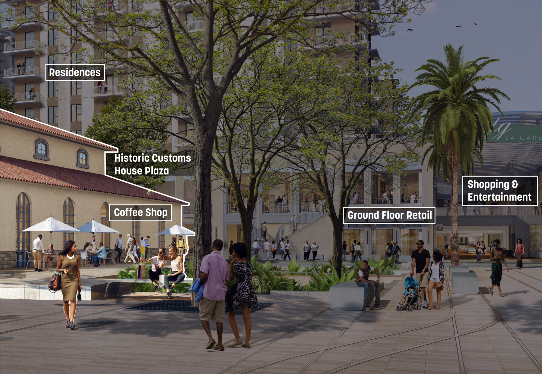 Rendering of the Historic Customs House Plaza showing the street level amenities and high rise residences in the background