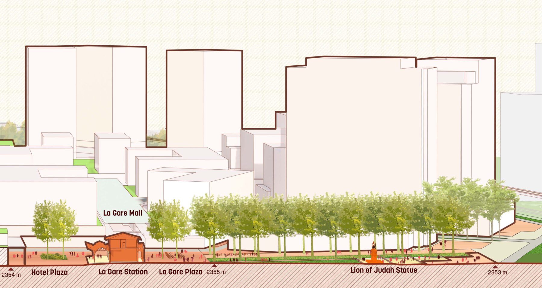 section diagram of La Gare Plaza and Hotel square mixed use district