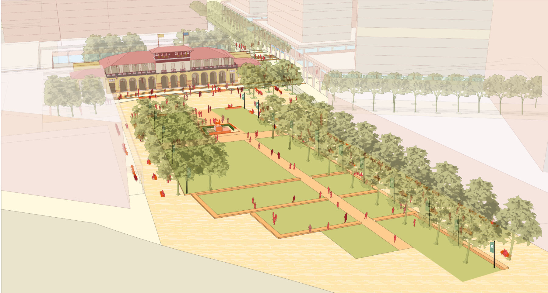 rendering of La Gare lawn as an entryway to the station