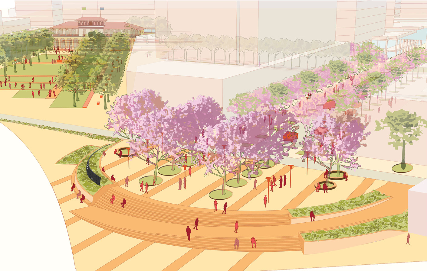 rendering of the arrival plaza featuring pedestrian traffic traversing the new and existing sidewalk
