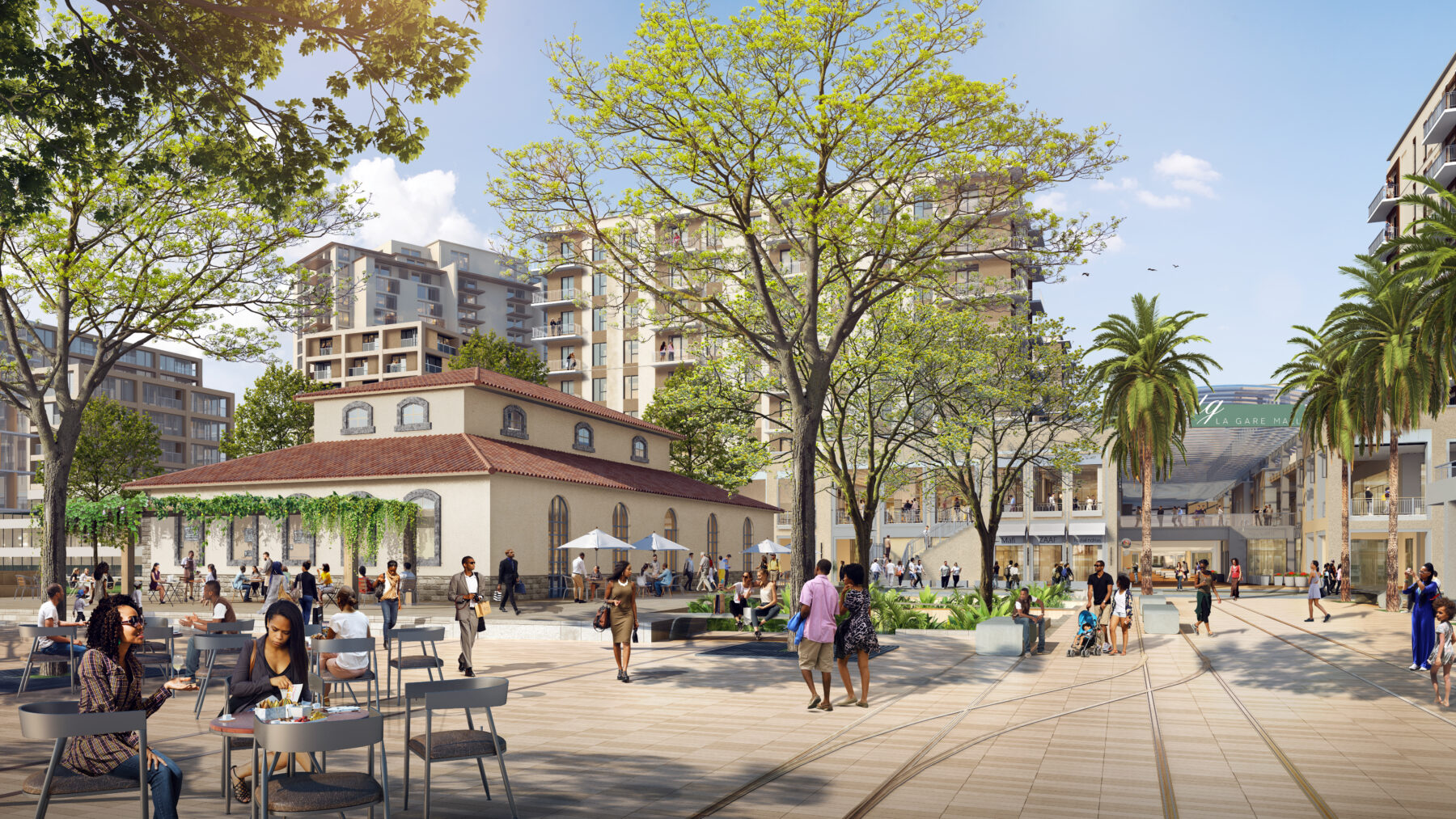 rendering of new landscape featuring patio tables and overhangs beside the historic Custom House Sqaure