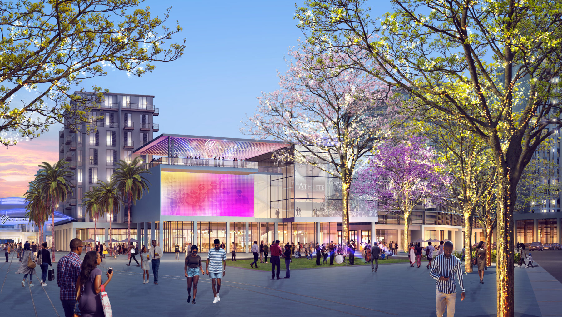 rendering of retail center offering contemporary architectural structures and nighttime activities