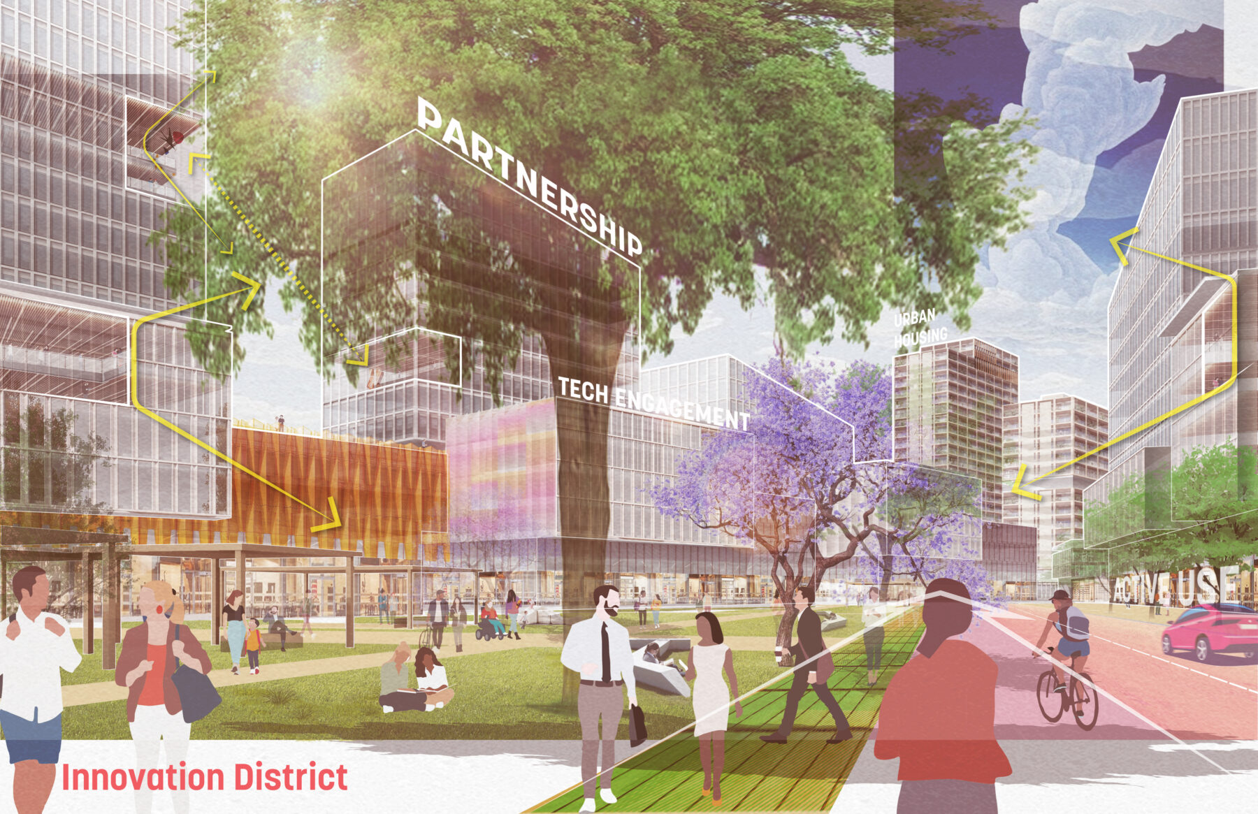 Illustrated graphic showing the new Innovation District activated with bikers and pedestrians in a new public realm
