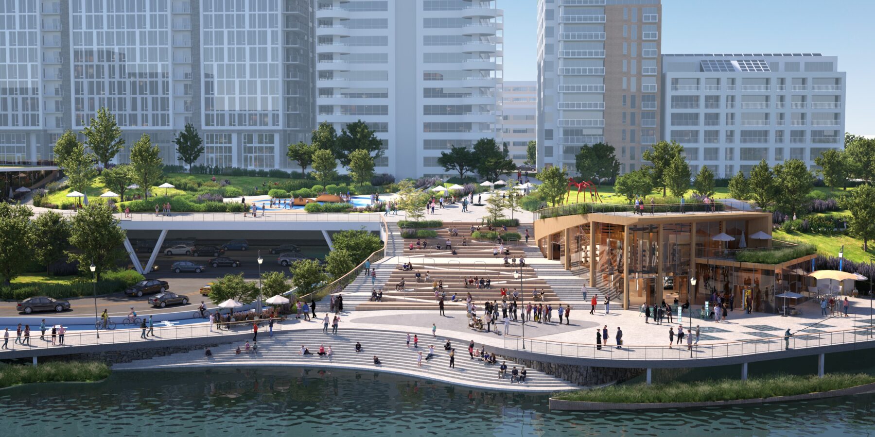 rendering of waterfront park with people occupying steps on dock and concessions