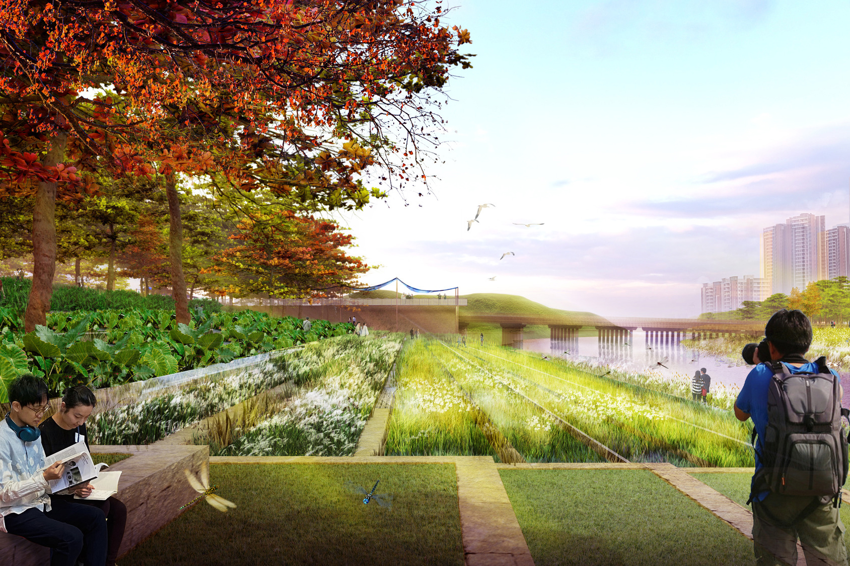 rendering of linear plant gardens with garden house in background