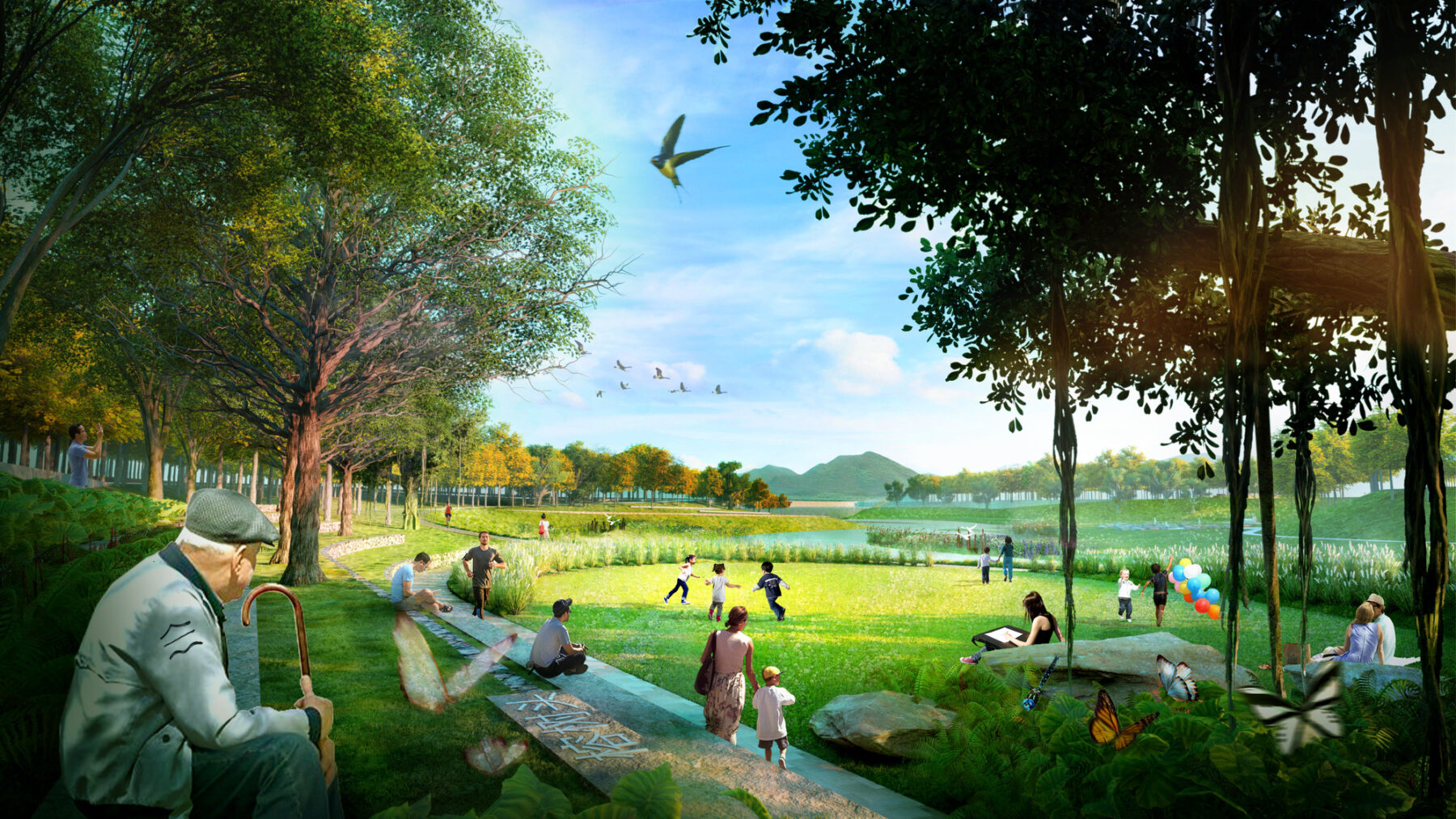 rendering of people enjoying open field along Pingshan River Blueway