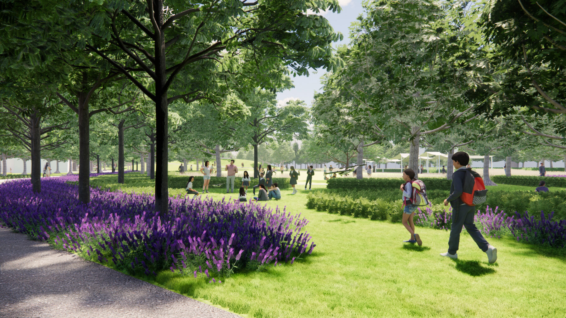 rendering of people walking through green spaces