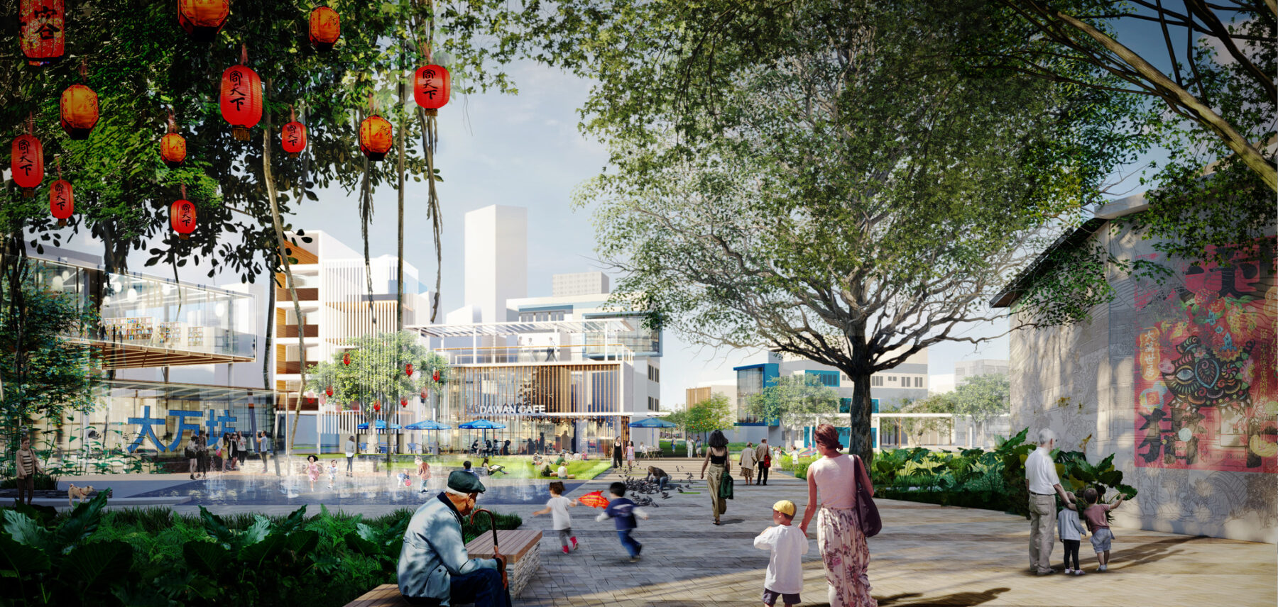rendering of busy walkway along Pingshan River Blueway with city surrounding