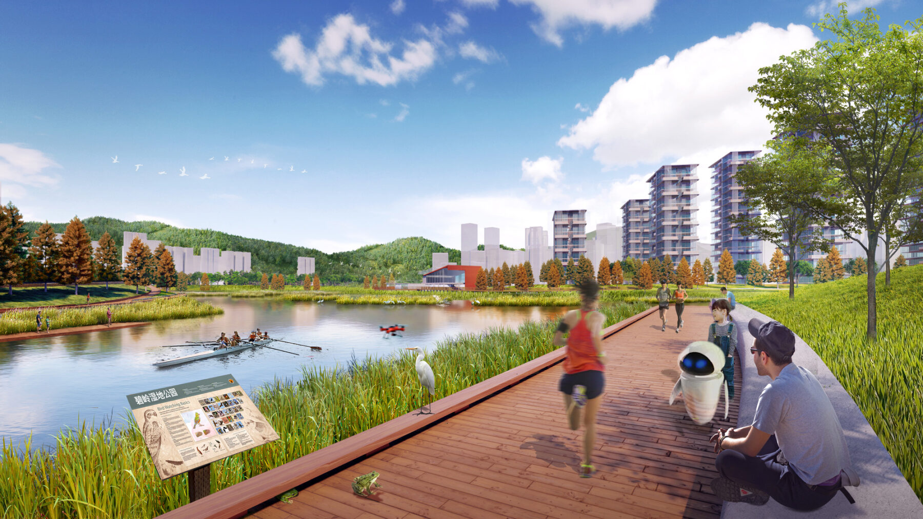 rendering of children running on boardwalk along riverfront lined with native plantings