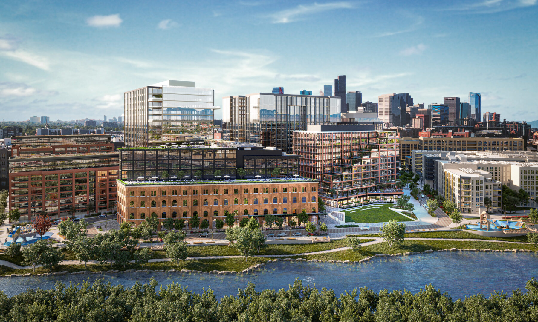 Rendered aerial view looking over the riverfront with new development in the background and Denver's city skyline on the horizon